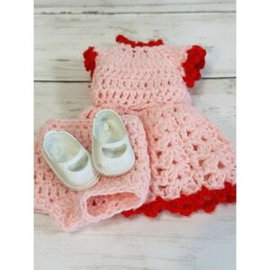 Vintage Crocheted Doll Outfit Red Pink Dress Handmade Undies Fits 10-14" Doll